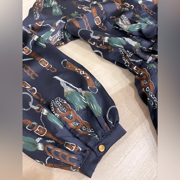 Navy Satin Jumpsuit long sleeve / chain print - Picture 10 of 10